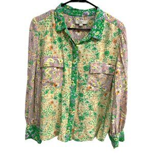 Loft Dainty Floral Button Down Blouse Sz XL Green Purple Loose Fit